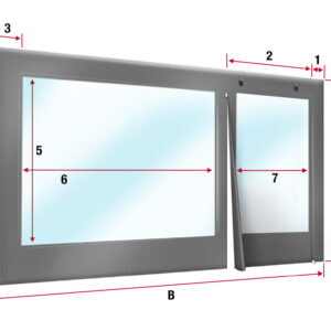 Abbildung zweier nebeneinanderliegender Rahmen mit rechteckigen Glasscheiben. Jeder Rahmen ist mit neun roten Pfeilmaßen beschriftet, die von 1 bis 8 markiert und mit den Buchstaben A bis C versehen sind, um Abmessungen und Abstände anzugeben.