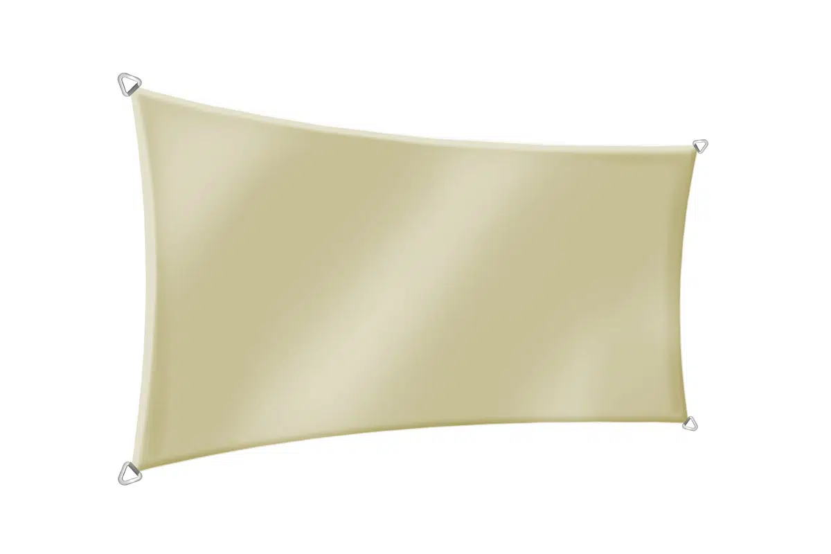 Abbildung eines beigefarbenen, rechteckigen Sonnensegels mit abgerundeten Kanten, das an jeder Ecke durch Metallringe befestigt ist. Der Stoff wirkt straff und glatt, ideal für den Einsatz im Freien.