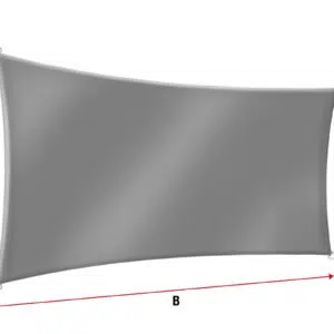 Abbildung eines grauen Sonnensegels in Rechteckform mit gebogenen Seiten und Metallringen an jeder Ecke, links mit „A“ für die Höhe und unten mit „B“ beschriftet.