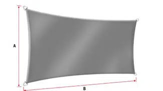 Abbildung eines grauen Sonnensegels in Rechteckform mit gebogenen Seiten und Metallringen an jeder Ecke, links mit „A“ für die Höhe und unten mit „B“ beschriftet.