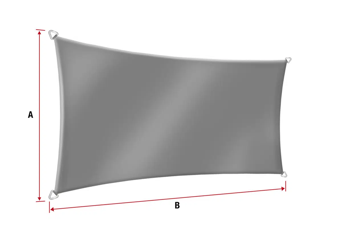 Abbildung eines grauen Sonnensegels in Rechteckform mit gebogenen Seiten und Metallringen an jeder Ecke, links mit „A“ für die Höhe und unten mit „B“ beschriftet.