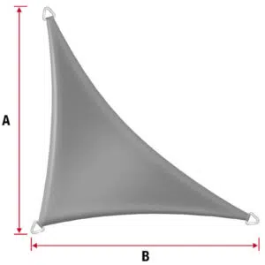 Abbildung eines rechtwinkligen dreieckigen grauen Sonnensegels in Dreiecksform mit zwei gleich langen 10 Fuß langen Seiten und einer 13 Fuß langen Basis. Ausgestattet mit Metallringen an jeder Ecke zum Aufhängen.