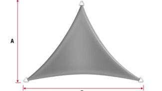 Das graue Sonnensegel in Dreiecksform, gleichschenklig hat an jeder Ecke drei Metallringe mit roten Pfeilen „A“ und „B“ als Maßangaben. Es weist eine glatte, leicht gewölbte Oberfläche auf.