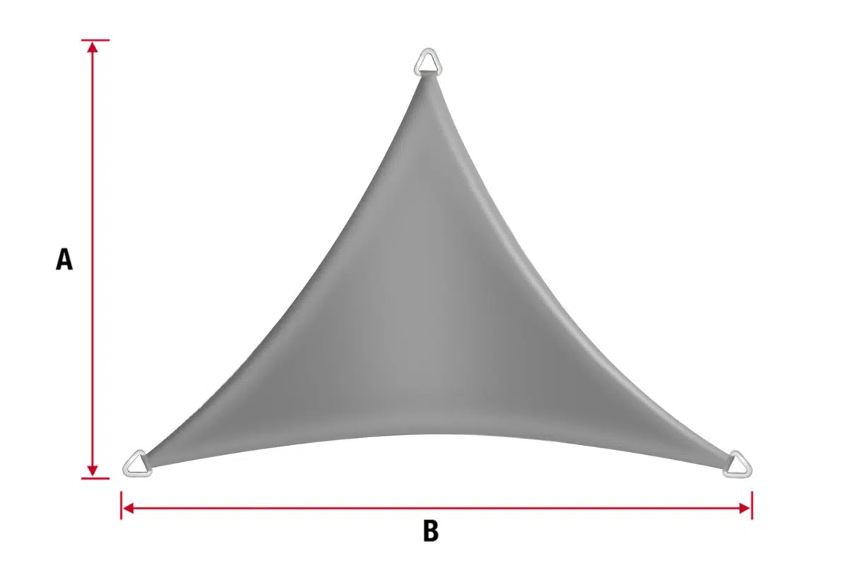 Das graue Sonnensegel in Dreiecksform, gleichschenklig hat an jeder Ecke drei Metallringe mit roten Pfeilen „A“ und „B“ als Maßangaben. Es weist eine glatte, leicht gewölbte Oberfläche auf.