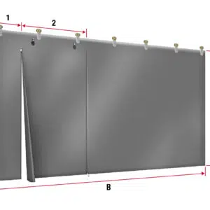 Abbildung eines grauen Vorhangs mit Falten und Metallösen oben zum Aufhängen. Der Vorhang ist mit den Maßen beschriftet: Breite (B), Höhe (A) und zusätzliche Maße (1, 2, C), die bestimmte Abschnitte angeben.