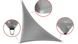 Ein grauer Sonnensegel aus PVC-Planenmaterial (Trapezform) mit Nahaufnahmen von verstärkten Nähten, Metalleckenring und strapazierfähigem Stoff.