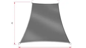 Abbildung eines grauen Sonnensegels in Trapezform mit Metall-Eckringen. Rote Pfeile/Beschriftungen zeigen die Maße A (Breite unten), B (Breite oben) und C (Höhe).