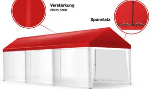 Das Zeltdach verfügt über ein rot-weißes Zeltmotiv für Veranstaltungen, einen 20 cm starken Verstärkungsbereich, Spannlatz und ein erhöhtes Design für verbesserte Stabilität.