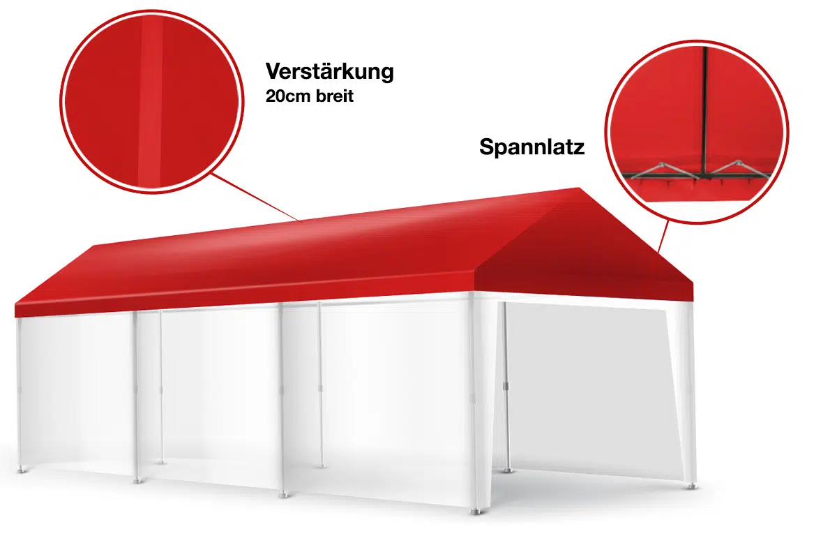 Das Zeltdach verfügt über ein rot-weißes Zeltmotiv für Veranstaltungen, einen 20 cm starken Verstärkungsbereich, Spannlatz und ein erhöhtes Design für verbesserte Stabilität.