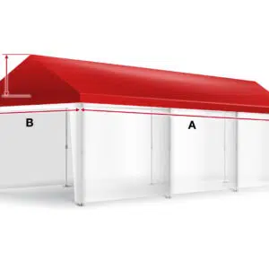 Abbildung eines Zeltdachs mit rotem Dach und transparenten weißen Seitenteilen. Abmessungen mit A (Länge), B (Breite) und C (Höhe) gekennzeichnet. Inklusive Stützstangen für die Struktur.
