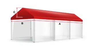 Abbildung eines Zeltdachs mit rotem Dach und transparenten weißen Seitenteilen. Abmessungen mit A (Länge), B (Breite) und C (Höhe) gekennzeichnet. Inklusive Stützstangen für die Struktur.