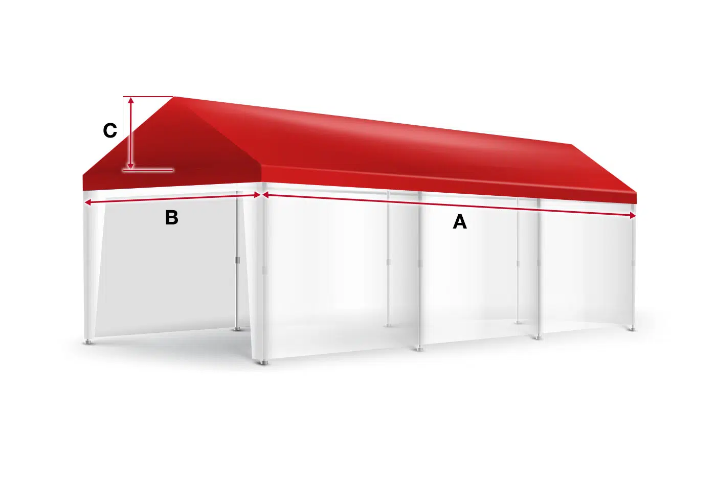 Abbildung eines Zeltdachs mit rotem Dach und transparenten weißen Seitenteilen. Abmessungen mit A (Länge), B (Breite) und C (Höhe) gekennzeichnet. Inklusive Stützstangen für die Struktur.