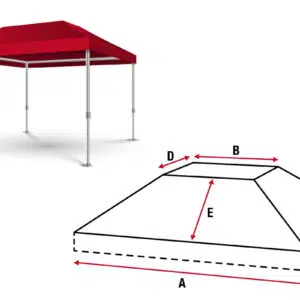 Ein rotes Baldachinzelt steht auf Metallstangen. Unten sehen Sie ein Maßdiagramm des Zelts mit den Maßen A, B, C, D und E, die den verschiedenen Teilen der Zeltstruktur entsprechen.