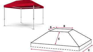 Ein rotes Baldachinzelt steht auf Metallstangen. Unten sehen Sie ein Maßdiagramm des Zelts mit den Maßen A, B, C, D und E, die den verschiedenen Teilen der Zeltstruktur entsprechen.