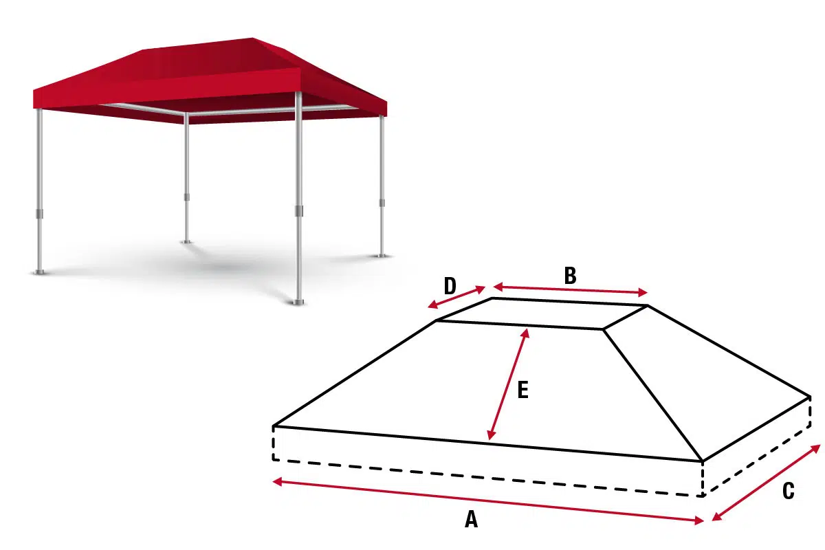Ein rotes Baldachinzelt steht auf Metallstangen. Unten sehen Sie ein Maßdiagramm des Zelts mit den Maßen A, B, C, D und E, die den verschiedenen Teilen der Zeltstruktur entsprechen.