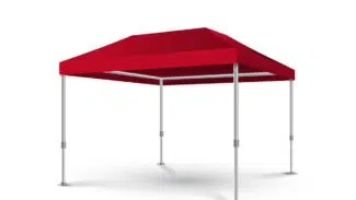 Vor einem weißen Hintergrund steht ein rotes Pop-up-Palaisy-Zelt mit Spitzdach und vier Metallbeinen.