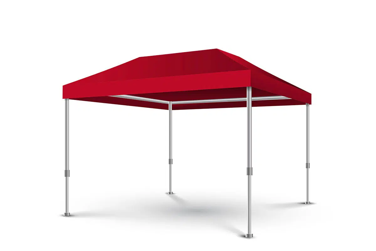 Vor einem weißen Hintergrund steht ein rotes Pop-up-Palaisy-Zelt mit Spitzdach und vier Metallbeinen.