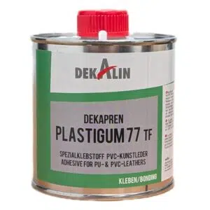 250-ml-Metalldose mit PVC-Kleber Plastigum77-Klebstoff (Pinseldose) für PU/PVC-Leder mit rotem Schraubverschluss und grün-weiß-grauem Etikett.