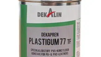 250-ml-Metalldose mit PVC-Kleber Plastigum77-Klebstoff (Pinseldose) für PU/PVC-Leder mit rotem Schraubverschluss und grün-weiß-grauem Etikett.
