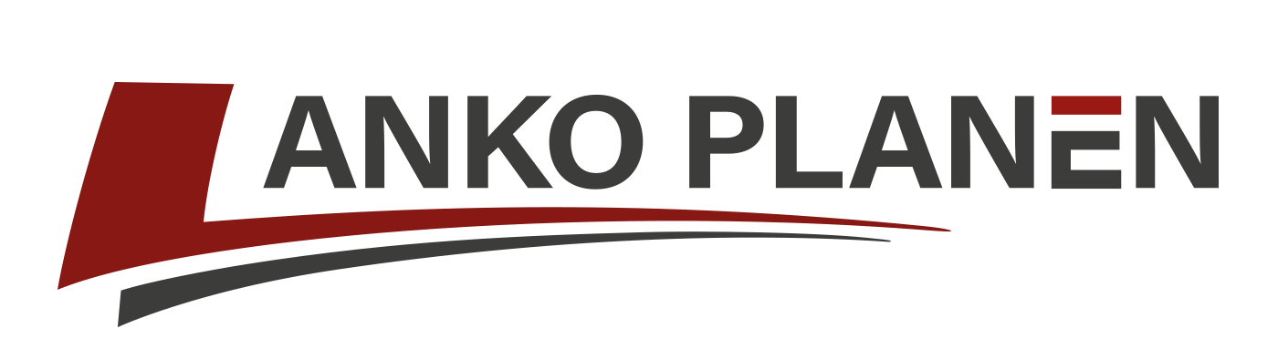 Logo mit dem Text „LANKO PLANEN“ in schwarzen und grauen Großbuchstaben. Der Buchstabe „L“ ist in Rot stilisiert, mit geschwungenen Linien, die an die Flugroute eines Flugzeugs erinnern, unter dem Text.