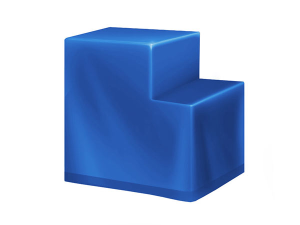 Eine blaue, würfelförmige Abdeckhaube weist an der Oberseite einen kleineren rechteckigen Abschnitt auf, der vor dem strahlend weißen Hintergrund ein stufenartiges Aussehen erzeugt.