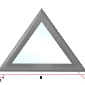 Abbildung eines dreieckigen Spiegels mit beschrifteten Abmessungen. Der Spiegel hat einen dicken, dunkelgrauen Rand. Die Höhe ist mit „A“ und die Basis mit „B“ beschriftet. Die Randdicke ist mit „1“, „2“ und „3“ angegeben.