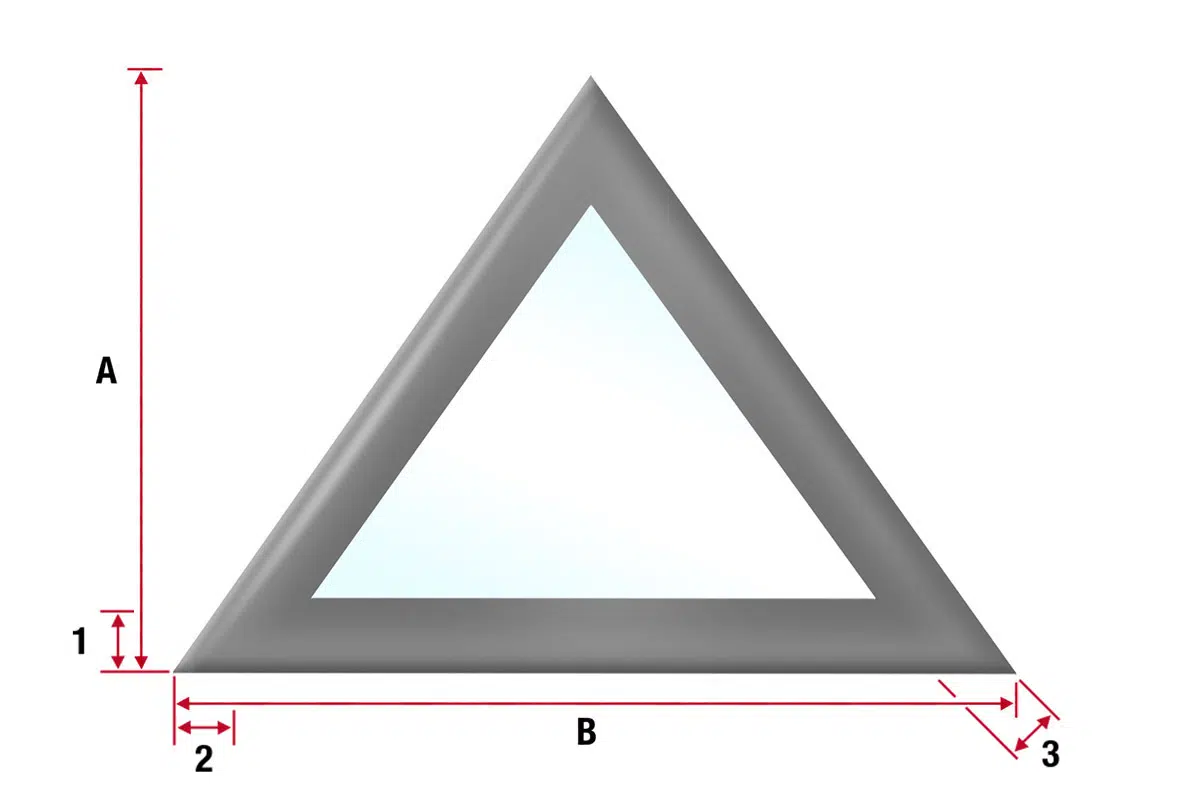 Abbildung eines dreieckigen Spiegels mit beschrifteten Abmessungen. Der Spiegel hat einen dicken, dunkelgrauen Rand. Die Höhe ist mit „A“ und die Basis mit „B“ beschriftet. Die Randdicke ist mit „1“, „2“ und „3“ angegeben.