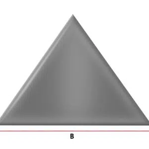 Ein graues gleichschenkliges Dreieck, das einer Terrassenebene in Dreiecksform ähnelt, weist beschriftete Seiten auf: vertikale Seite A und horizontale Seite B. Ein subtiler Farbverlauf verleiht ihm ein dreidimensionales Gefühl.