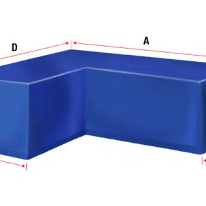 Abbildung einer blauen, L-förmigen „Abdeckhauben Sonderform 11“ mit den beschrifteten Seiten A, B, C, D und E, die rot für die Maße markiert sind. Die flache Oberseite und die abgerundeten Kanten sind deutlich zu erkennen.