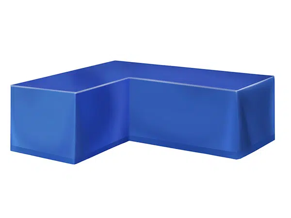 Ein blaues 3D-Objekt in L-Form mit glänzender Oberfläche, die an elegante Abdeckhauben erinnert.