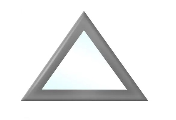 Eine dreieckige Form mit einem silbernen, metallischen Rand und einer hellblauen Mitte. Das Design ähnelt Terrassenplanen in Dreiecksform und besticht durch Einfachheit und Modernität mit drei gleich langen Seiten und scharfen Winkeln.