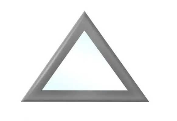 Eine dreieckige Form mit einem silbernen, metallischen Rand und einer hellblauen Mitte. Das Design ähnelt Terrassenplanen in Dreiecksform und besticht durch Einfachheit und Modernität mit drei gleich langen Seiten und scharfen Winkeln.