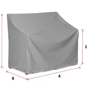 Die Abbildung zeigt eine rechteckige, graue Abdeckung für Gartenmöbel mit Ösen an den Ecken zum Befestigen. Die Maße sind mit A, B, C und D gekennzeichnet, für Länge, Breite, Höhe.