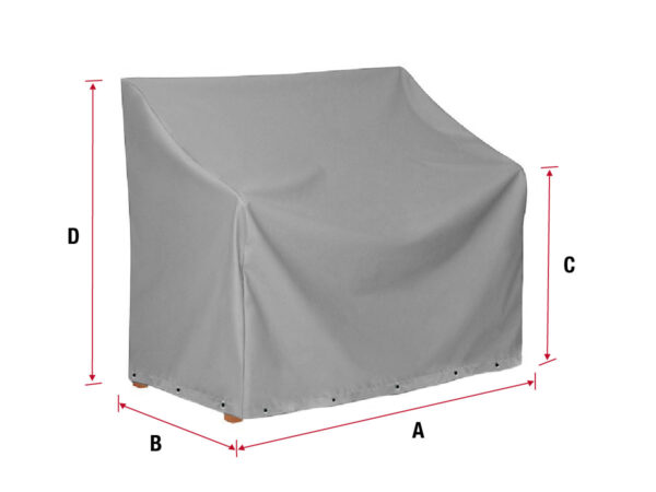 Die Abbildung zeigt eine rechteckige, graue Abdeckung für Gartenmöbel mit Ösen an den Ecken zum Befestigen. Die Maße sind mit A, B, C und D gekennzeichnet, für Länge, Breite, Höhe.