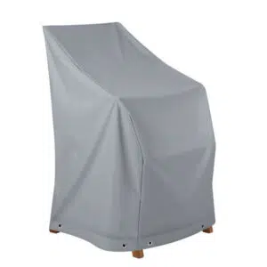 Die Sesselhaube (Teak Safe) in schlichtem Grau passt auf einen hohen Gartenstuhl und ist mit Metallösen an der Unterseite ausgestattet. Das glatte Design verbirgt subtil Details und legt die Stuhlbeine leicht frei.