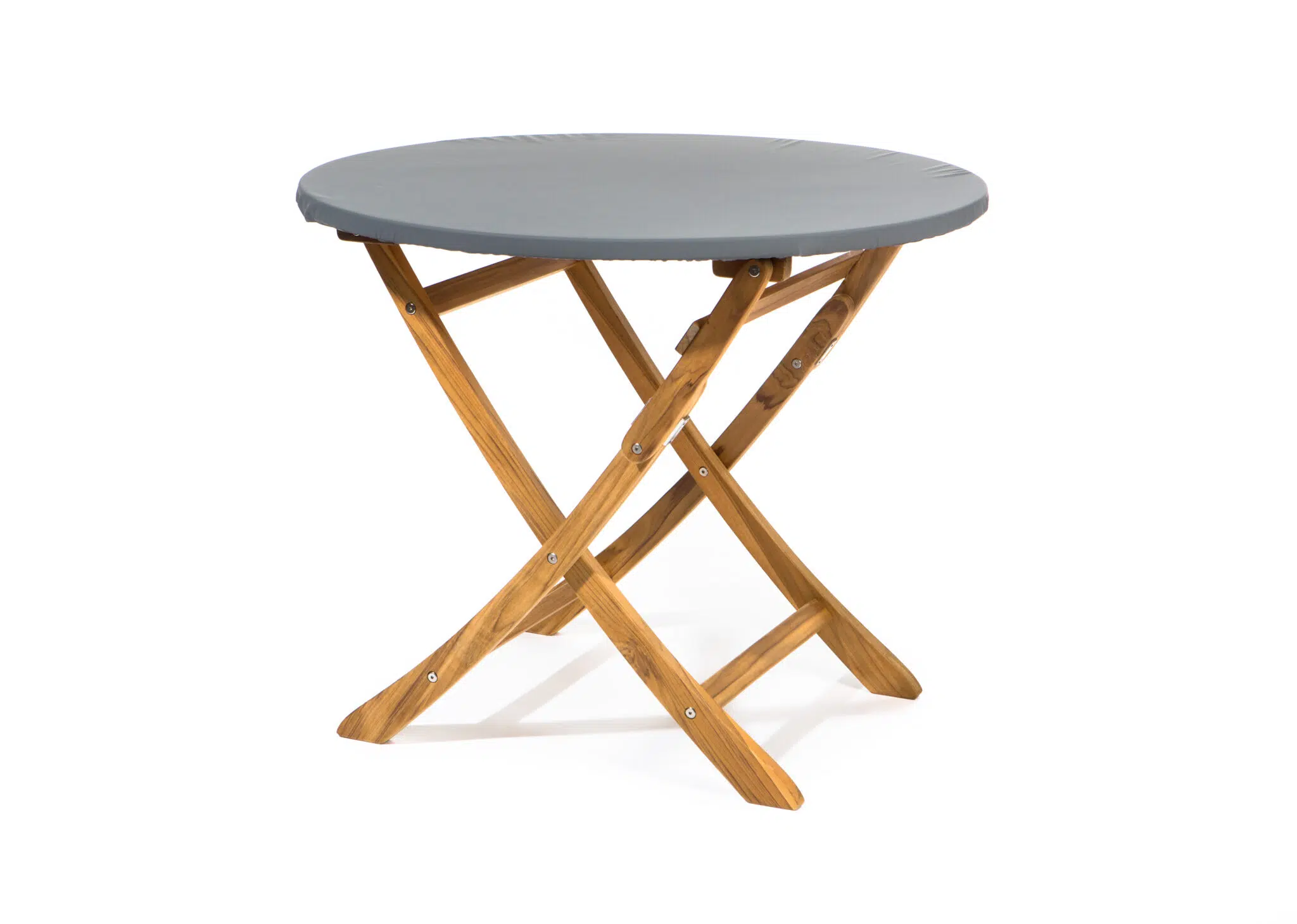 Ein kleiner, runder Klapptisch mit grauer Tischplatte und Holzbeinen. Die Beine bilden eine X-förmige Stütze und sorgen so für ein einfaches und tragbares Design. Der Tisch steht vor einem schlichten weißen Hintergrund.