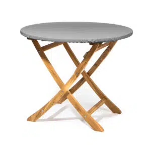 Das Bild zeigt eine runde Abdeckhaube in grauer Farbe, die auf einem holzfarbenen Hocker steht. Der Hocker steht vor einem weißen Hintergrund.