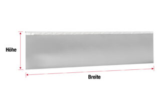 Dargestellt ist eine rechteckige, lichtgraue Schürze mit einer weißen Kederfahne am oberen Rand. Pfeile mit der Beschriftung „Höhe“ und „Breite“ zeigen vor weißem Hintergrund jeweils die Maße des Panels an.