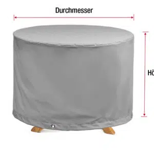 Das Bild zeigt eine runde, graue Abdeckhaube für Gartenmöbel. Die Abdeckung ist mit Ösen im unteren Bereich versehen, um sie an den Möbeln zu befestigen. Der Hintergrund ist weiß.
