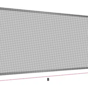 Ein rechteckiger Carport oder eine Terrassenplane aus Netzgewebe mit grauem Rand ist mit den Maßen A (Höhe), B (Breite) und C (Seite) beschriftet und weist ein diagonales Maschenmuster auf.