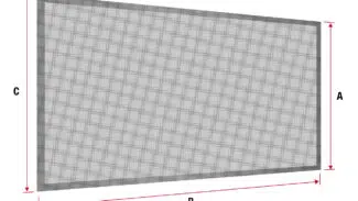 Ein rechteckiger Carport oder eine Terrassenplane aus Netzgewebe mit grauem Rand ist mit den Maßen A (Höhe), B (Breite) und C (Seite) beschriftet und weist ein diagonales Maschenmuster auf.