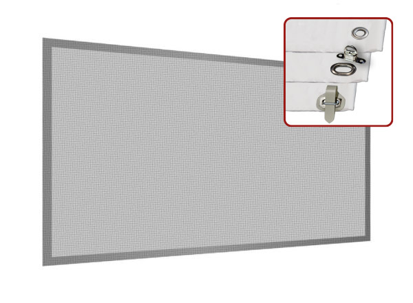 Ein graues rechteckiges Maschensieb mit dunkelgrauem Rand erzeugt aus der Perspektive betrachtet einen 3D-Effekt, der an Terrassenplanen erinnert.