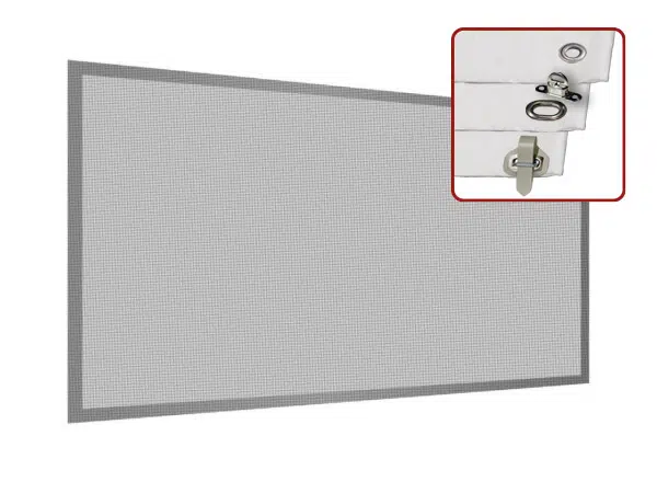 Ein graues rechteckiges Maschensieb mit dunkelgrauem Rand erzeugt aus der Perspektive betrachtet einen 3D-Effekt, der an Terrassenplanen erinnert.