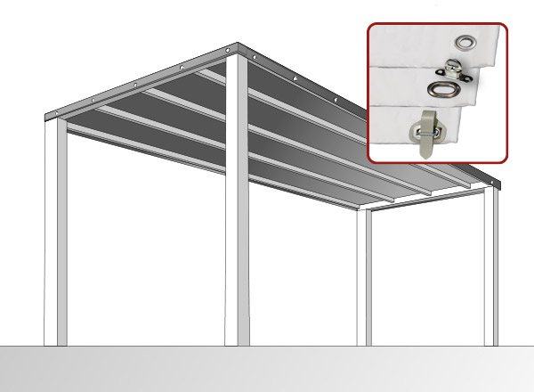 Abbildung einer minimalistischen, rechteckigen Pergola mit Flachdach und integrierten Terrassenplanen. Sie besteht aus Metall mit vier Stützpfosten und horizontalen Balken und wird aus einer leicht schrägen Perspektive vor einem schlichten Hintergrund präsentiert.