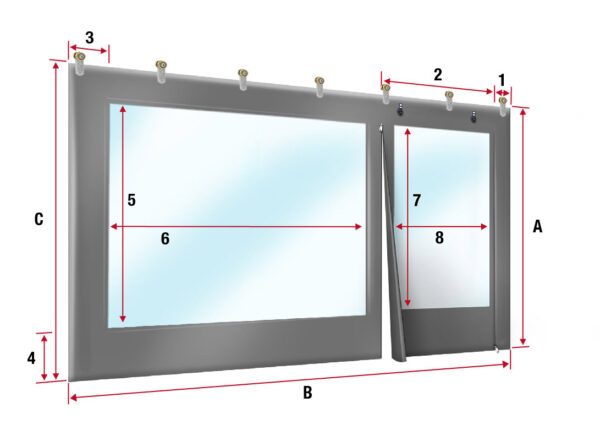 Diagramm von zwei großen, transparenten Vorhangpaneelen mit beschrifteten Maßangaben für Höhe, Breite, Kantendicke und Fensterabschnittsmaße, oben mit Ösen zum Aufhängen dargestellt.