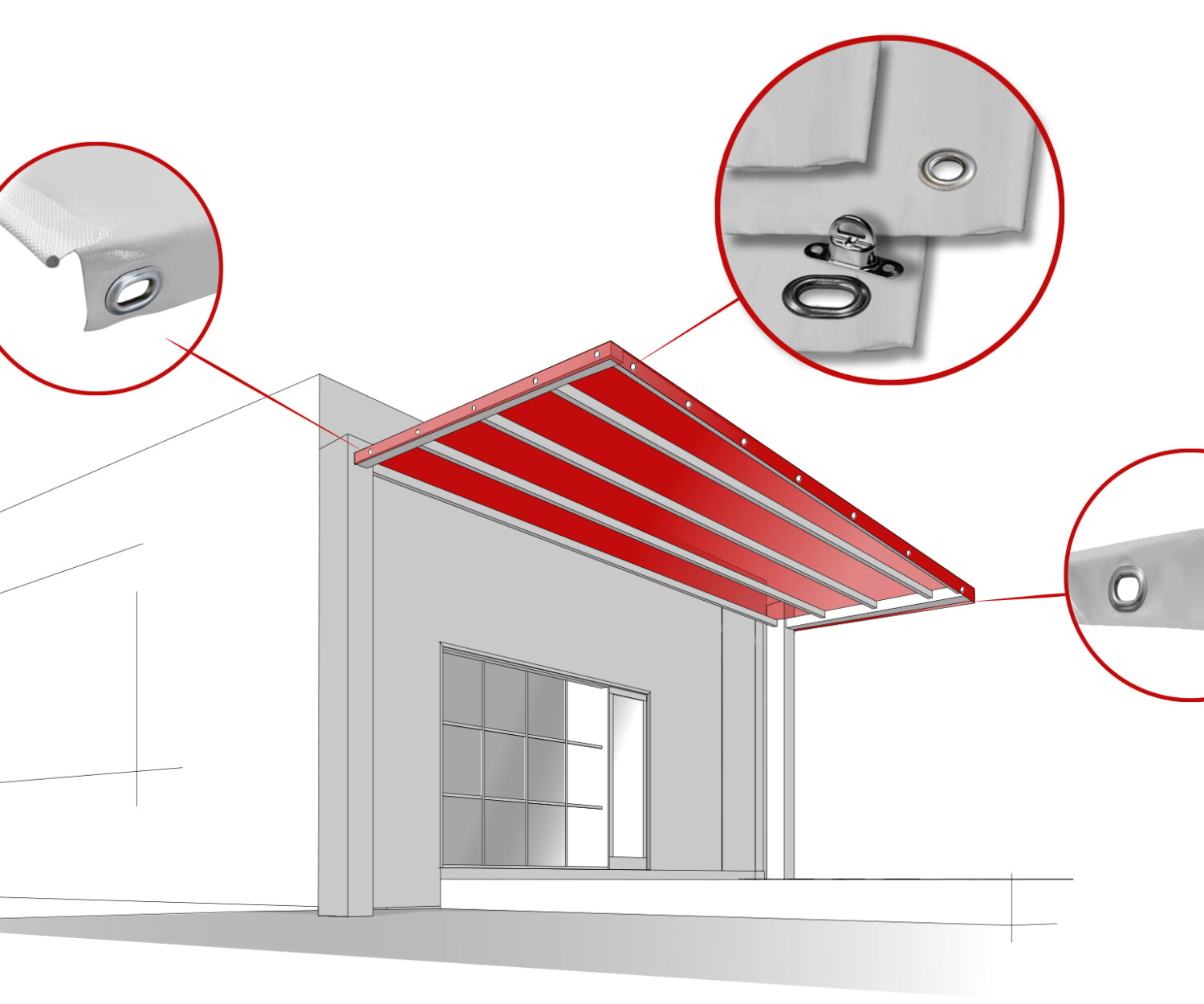 Architekturskizze eines modernen Gebäudes mit rotem Pergoladach; drei herangezoomte Kreise heben Metallverbindungen und Befestigungsdetails an der Struktur hervor.