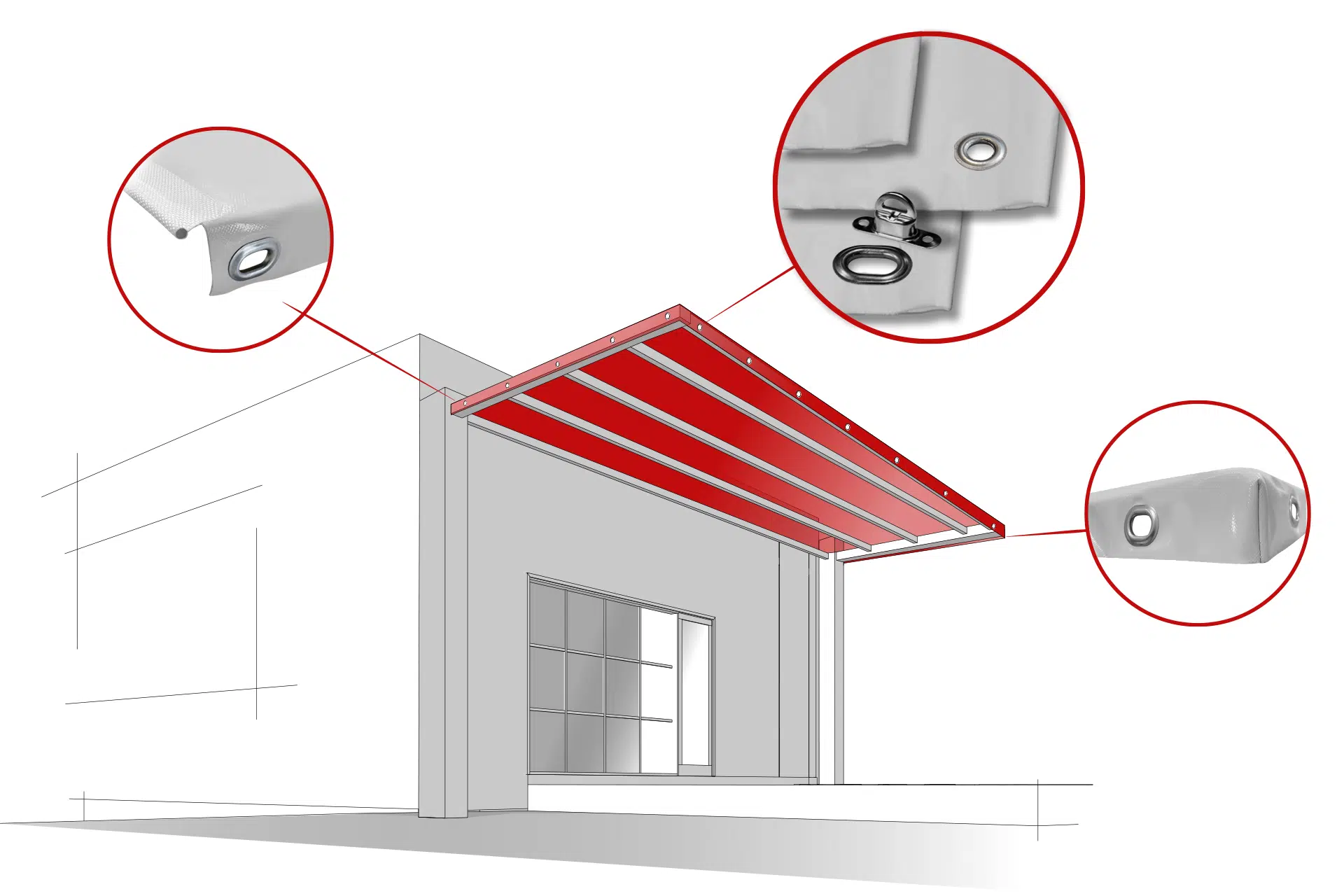 Architekturskizze eines modernen Gebäudes mit rotem Pergoladach; drei herangezoomte Kreise heben Metallverbindungen und Befestigungsdetails an der Struktur hervor.