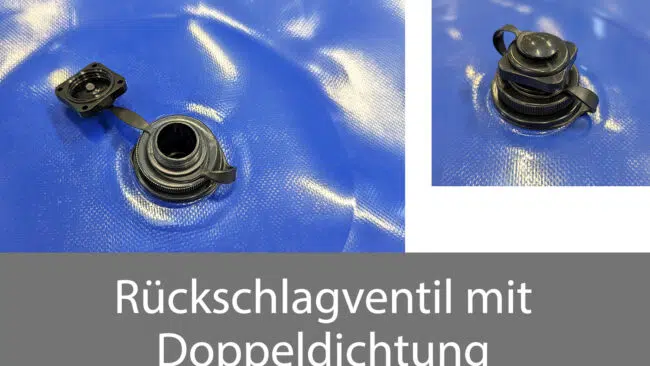 Ein schwarzes Rückschlagventil mit einer doppelten Dichtung auf blauem Material, offen und geschlossen dargestellt. Der deutsche Text lautet: Rückschlagventil mit Doppeldichtung.