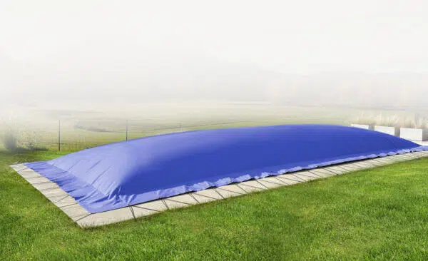 Eine große blaue Wasserblase steht auf einer Betonfläche, umgeben von grünem Gras, mit einer nebligen Landschaft im Hintergrund.