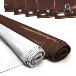 Zwei große Rollen Plane, eine braune und eine weiße, mit Nahaufnahmen von LKW Plane Kanten mit Metallösen und Befestigungsmaterial.